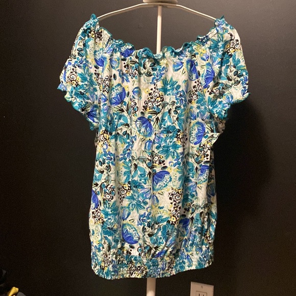 ❗2/$20❗Vibrant print short sleeve shirt gathered waist elastic at neck/arms - Picture 5 of 9